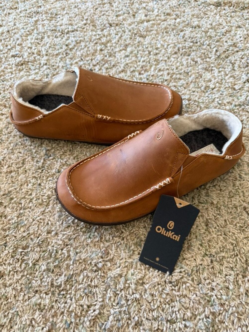Olukai Moloa Slippers Toffee Dark Wood Leather Sz 11 NIB